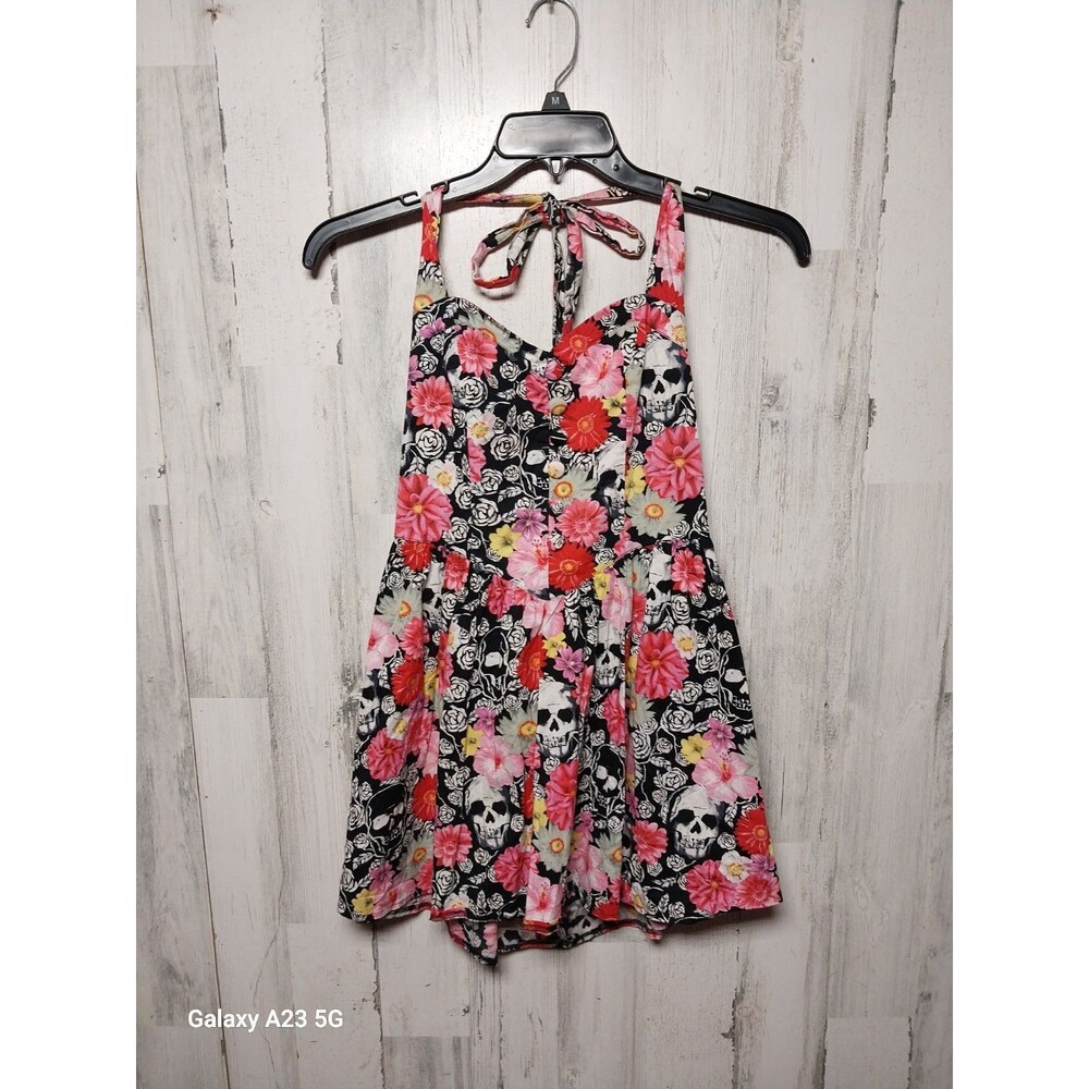 Hell Bunny Skull Floral Dress Black Multicolor Sleeveless Cutout Rockabilly Sz M